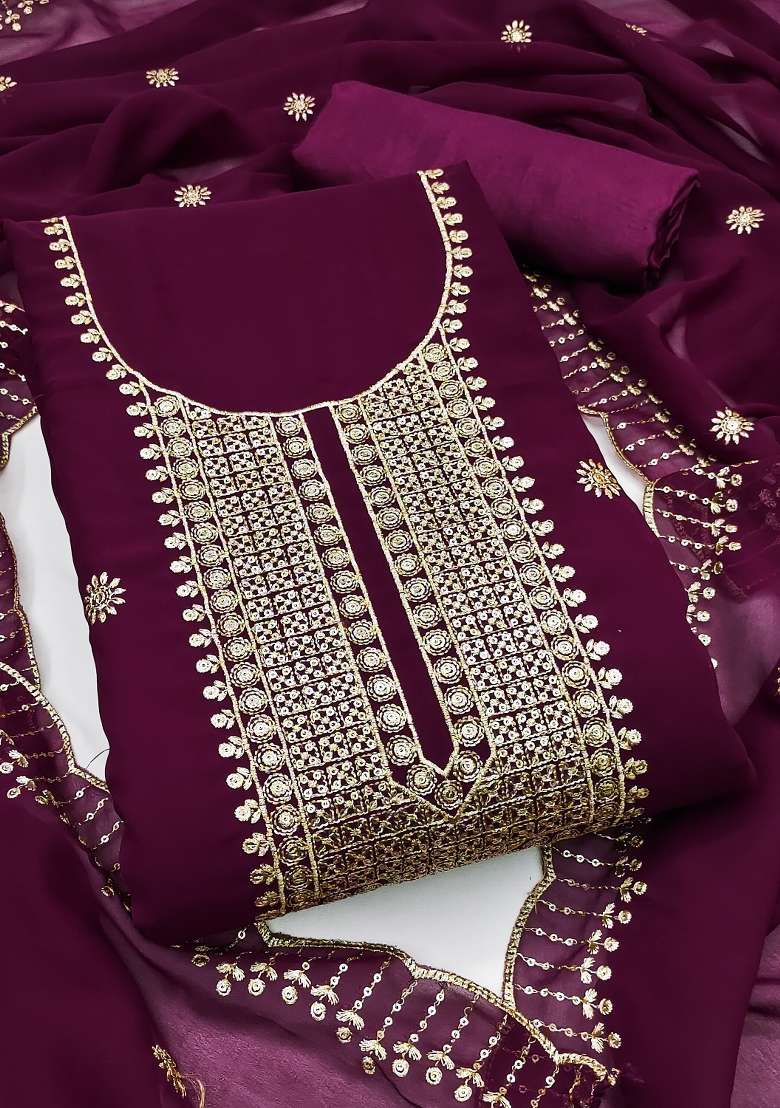 Purple Zari Work Georgette Straight Kurta Set - Indya