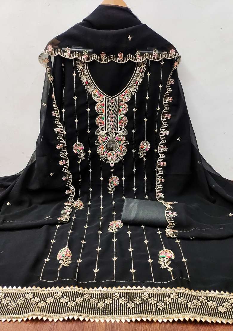 Black Embroidered Georgette Straight Kurta Set - Indya