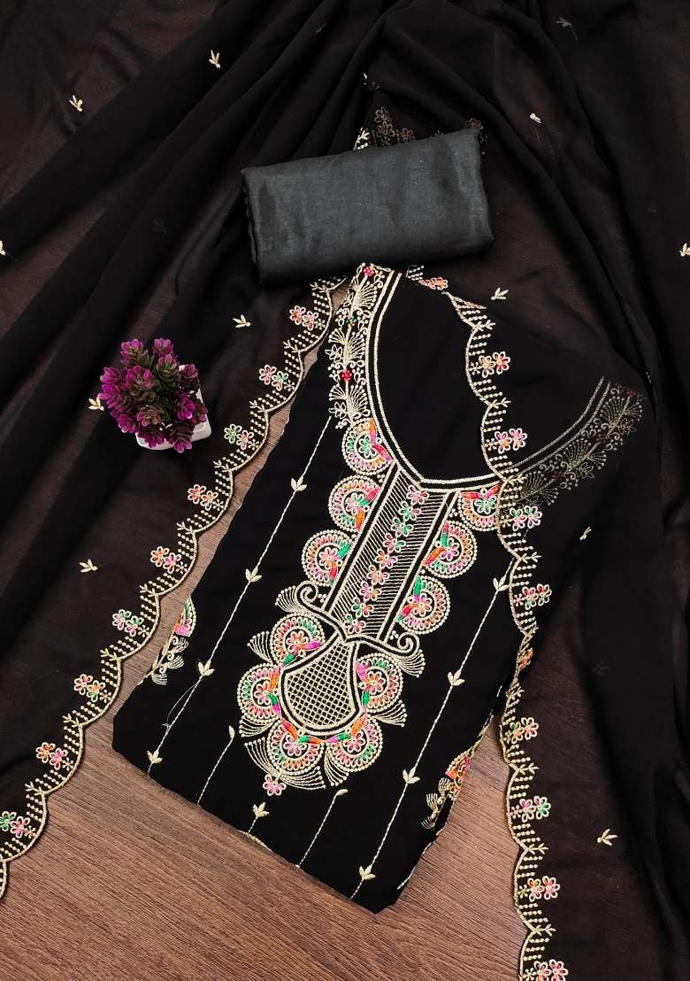 Black Embroidered Georgette Straight Kurta Set - Indya