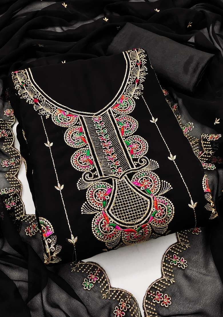 Black Embroidered Georgette Straight Kurta Set - Indya
