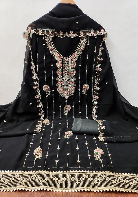 Black Embroidered Georgette Dress Material