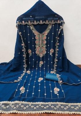 Blue Embroidered Georgette Dress Material