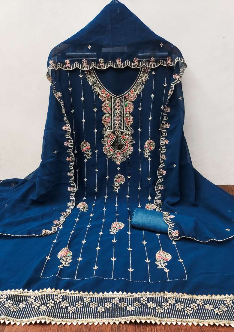 Blue Embroidered Georgette Straight Kurta Set - Indya