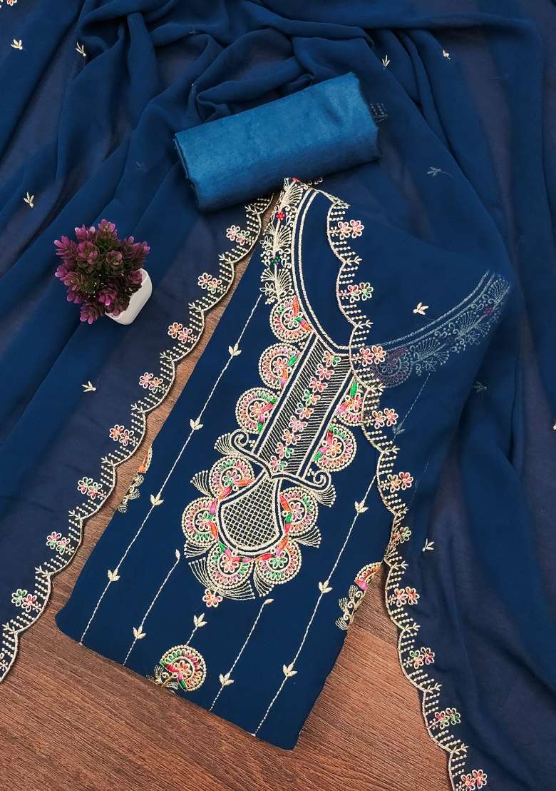 Blue Embroidered Georgette Straight Kurta Set - Indya