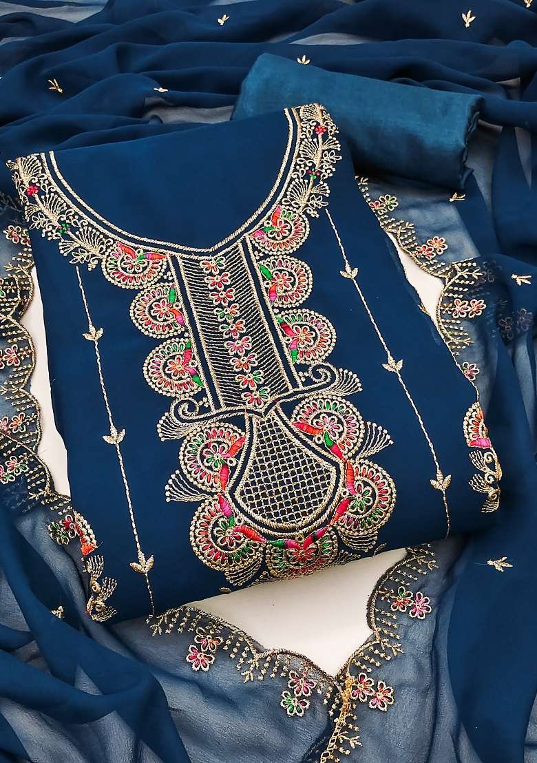 Blue Embroidered Georgette Straight Kurta Set - Indya