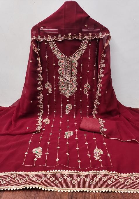 Maroon Embroidered Georgette Straight Kurta Set