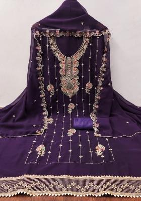 Purple Embroidered Georgette Dress Material