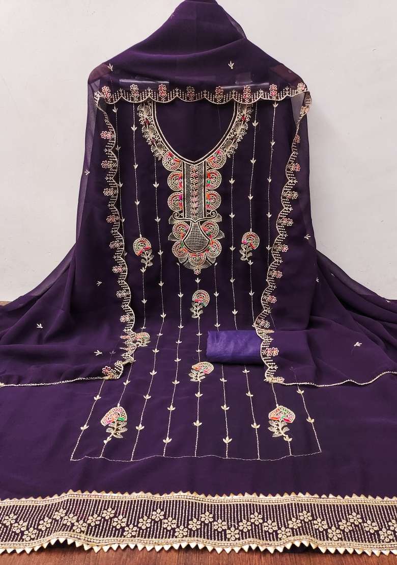 Purple Embroidered Georgette Straight Kurta Set - Indya
