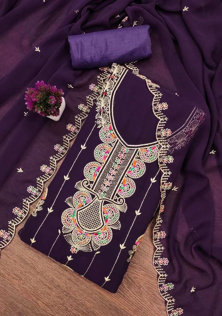 Purple Embroidered Georgette Straight Kurta Set - Indya