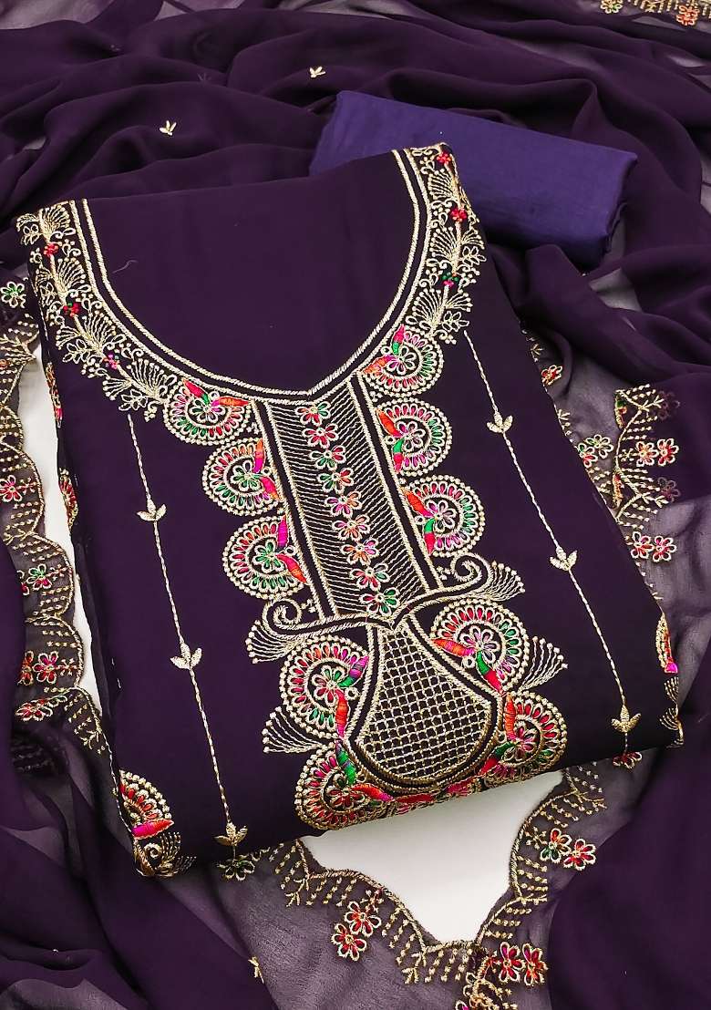 Purple Embroidered Georgette Straight Kurta Set - Indya