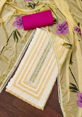 Yellow Embroidered Cotton Blend Dress Material