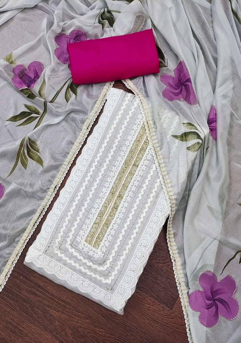 Light Grey Zari Work Cotton Straight Kurta Set - Indya