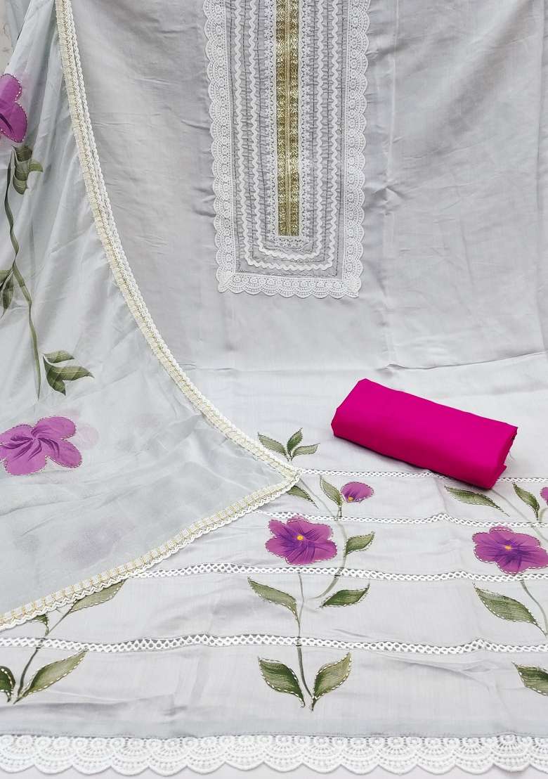 Light Grey Zari Work Cotton Straight Kurta Set - Indya