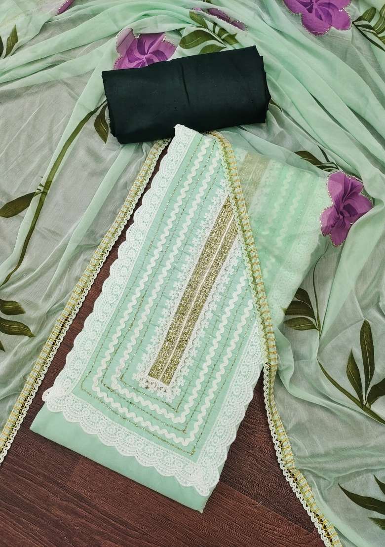 Light Green Zari Work Cotton Straight Kurta Set - Indya