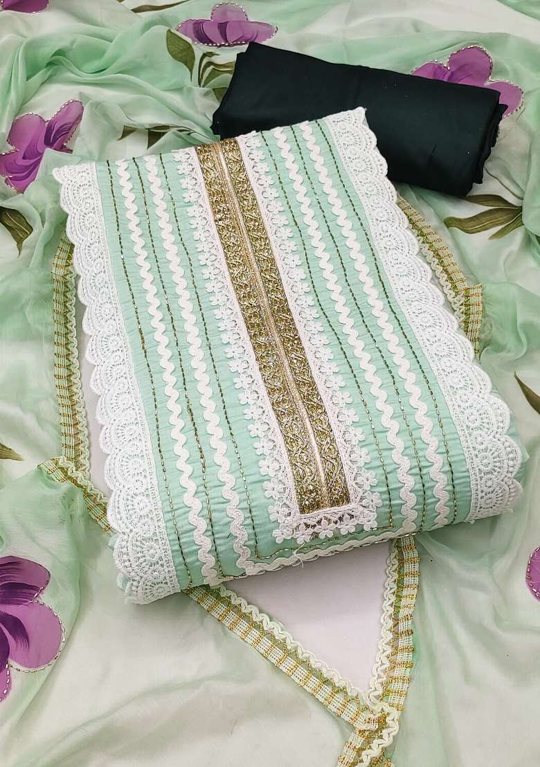 Light Green Zari Work Cotton Straight Kurta Set - Indya
