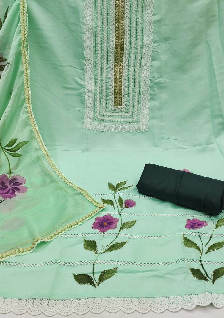 Light Green Zari Work Cotton Straight Kurta Set - Indya