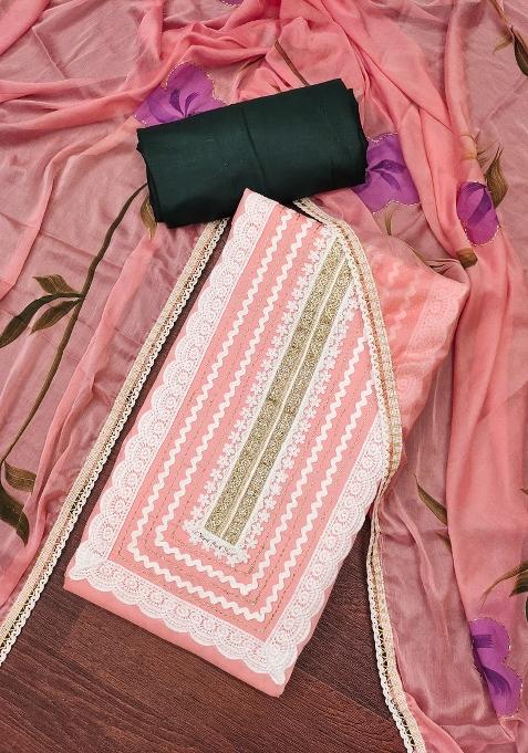 Peach Embroidered Cotton Blend Dress Material