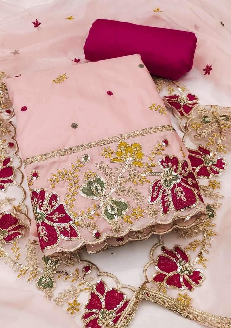 Peach Embroidered Organza Straight Kurta Set - Indya
