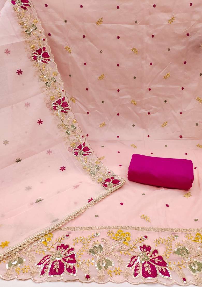 Peach Embroidered Organza Straight Kurta Set - Indya