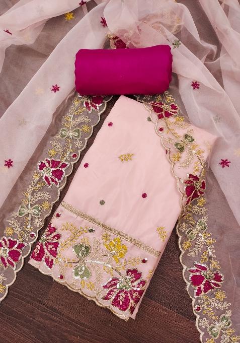 Peach Embroidered Oragnza Dress Material