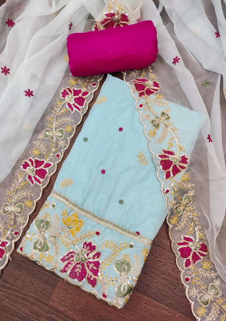 Sea Green Embroidered Organza Straight Kurta Set - Indya