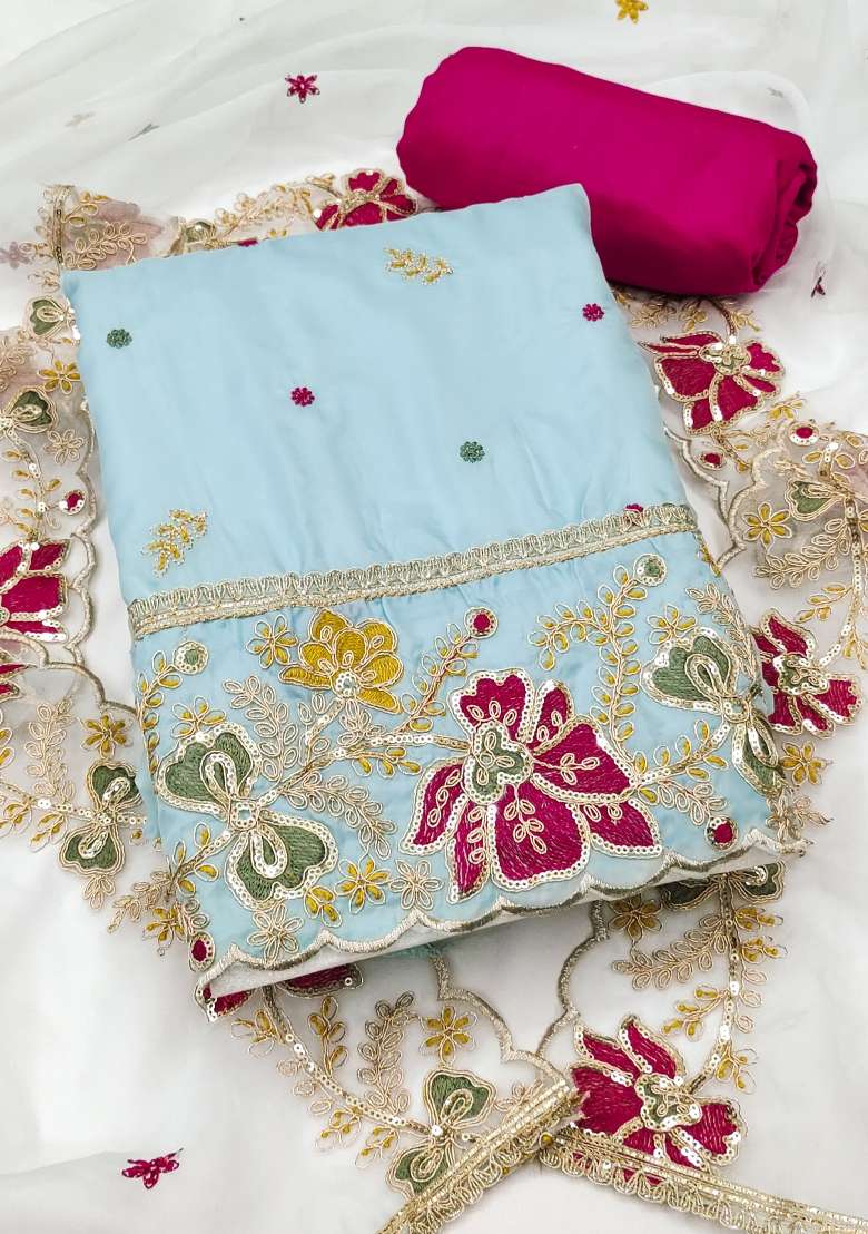 Sea Green Embroidered Organza Straight Kurta Set - Indya