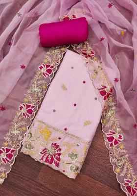 Baby Pink Embroidered Oragnza Dress Material