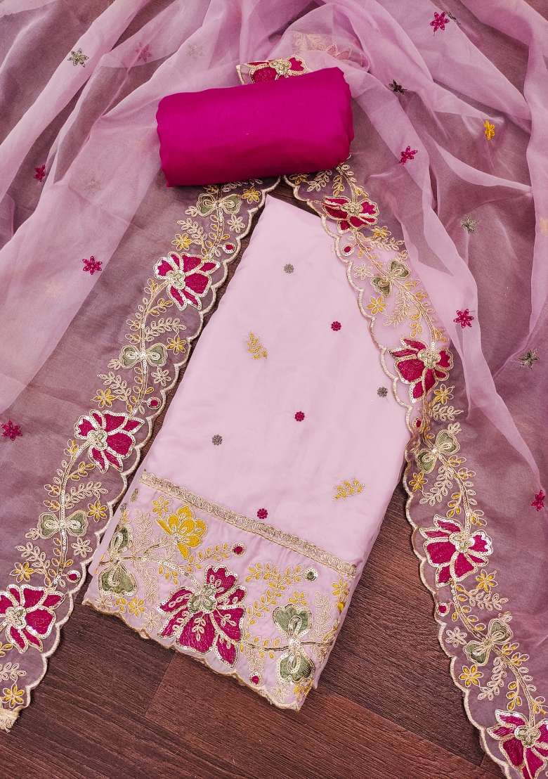 Baby Pink Embroidered Oragnza Dress Material - Indya
