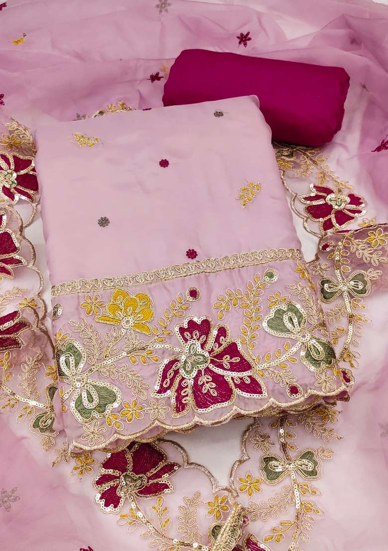 Baby Pink Embroidered Oragnza Dress Material - Indya
