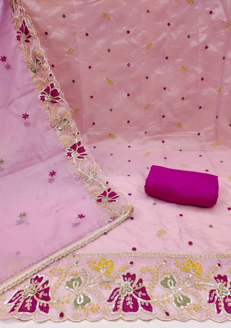 Baby Pink Embroidered Oragnza Dress Material - Indya