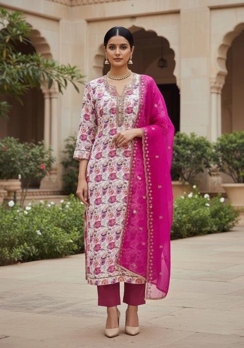 Multicolor Embroidered Cotton Blend Dress Material