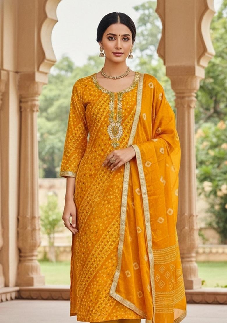 Yellow Embroidered Cotton Blend Dress Material - Indya