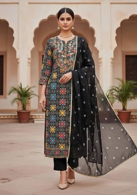 Black Embroidered Cotton Blend Dress Material