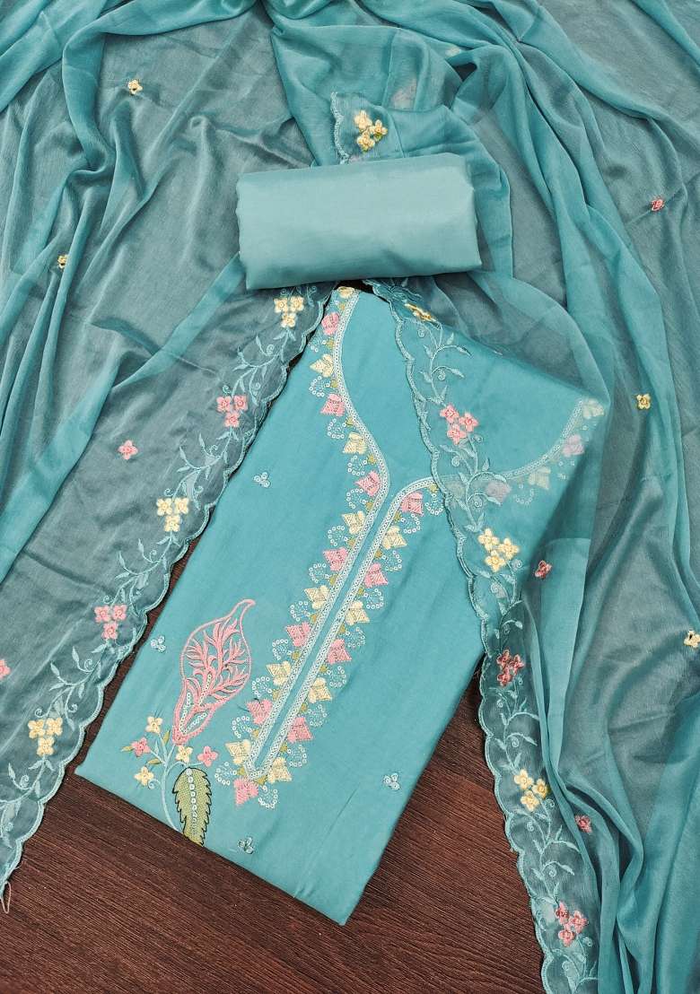 Sea Green Embroidered Cotton Blend Dress Material - Indya