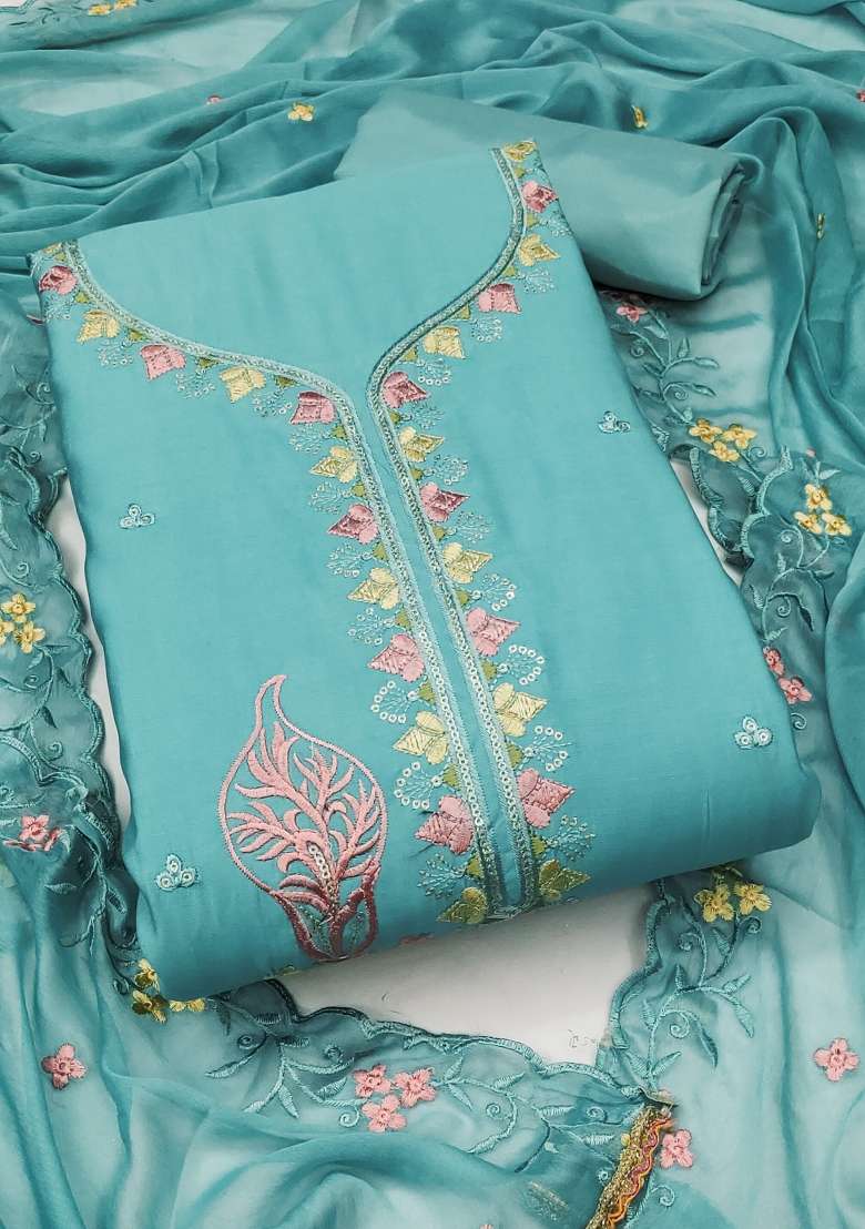 Sea Green Embroidered Cotton Blend Dress Material - Indya