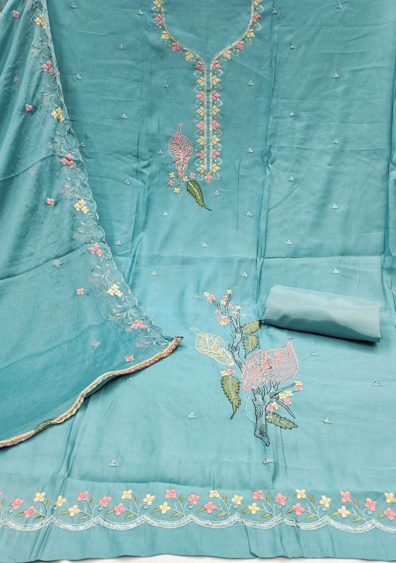 Sea Green Embroidered Cotton Blend Dress Material - Indya