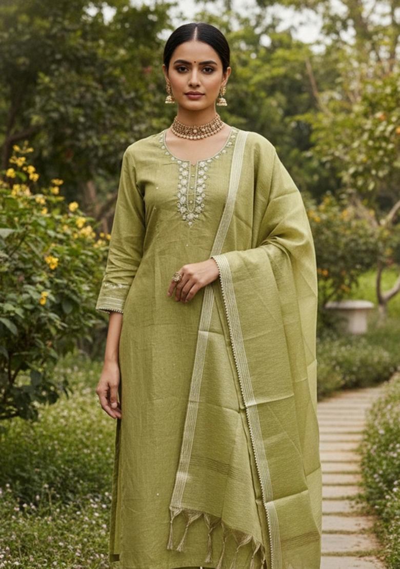 Olive Green Embroidered Cotton Blend Dress Material - Indya