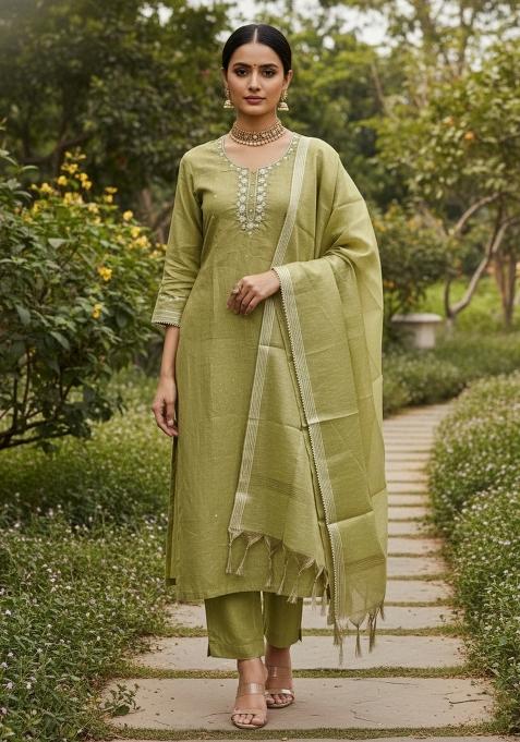 Olive Green Embroidered Cotton Blend Dress Material