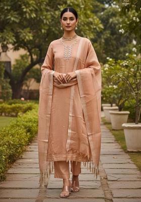 Peach Embroidered Cotton Blend Dress Material