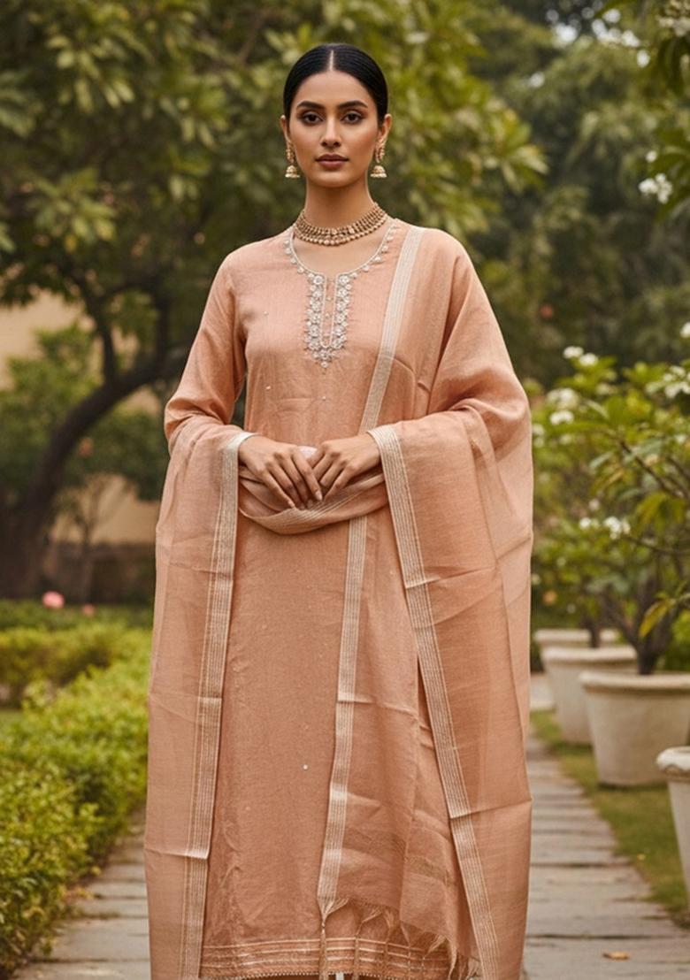 Peach Embroidered Cotton Blend Dress Material - Indya
