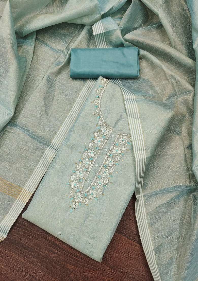 Sea Green Embroidered Cotton Blend Dress Material - Indya