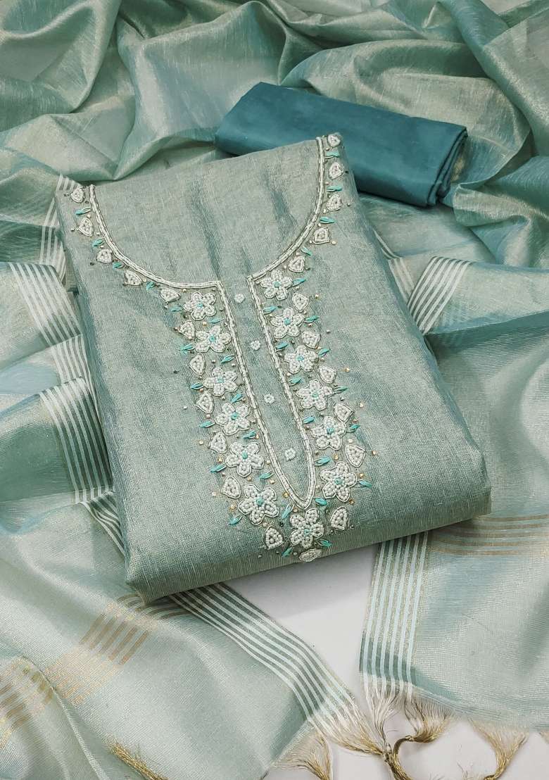 Sea Green Embroidered Cotton Blend Dress Material - Indya