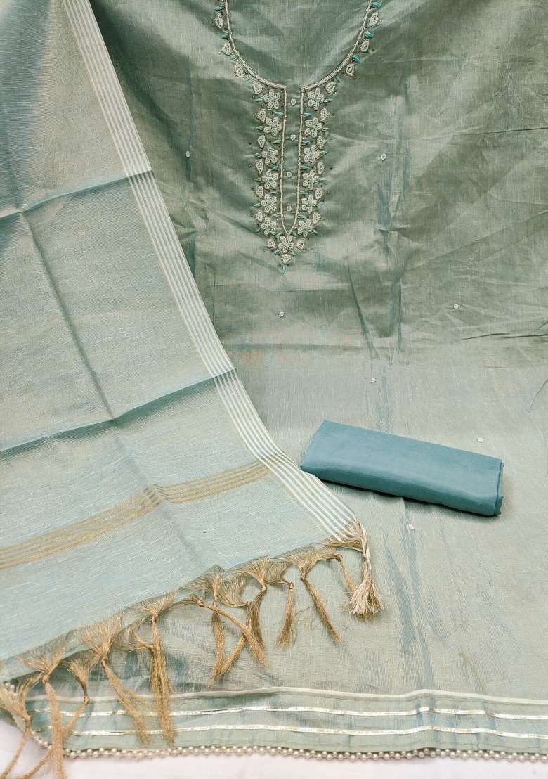 Sea Green Embroidered Cotton Blend Dress Material - Indya