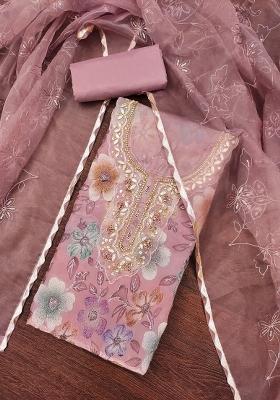 Purple Embroidered Oragnza Dress Material