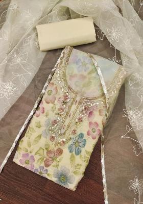 Beige Embroidered Oragnza Dress Material