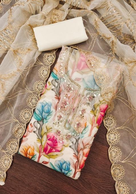 Multicolor Embroidered Oragnza Dress Material