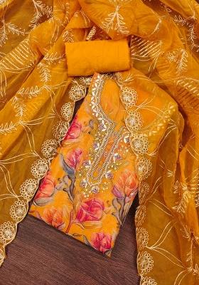 Multicolor Embroidered Oragnza Dress Material