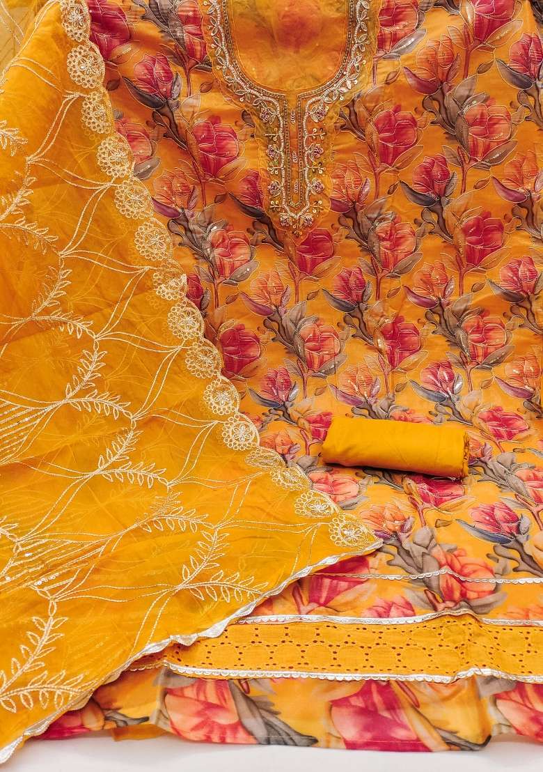 Multicolor Embroidered Organza Straight Kurta Set - Indya