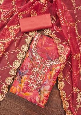 Multicolor Embroidered Oragnza Dress Material