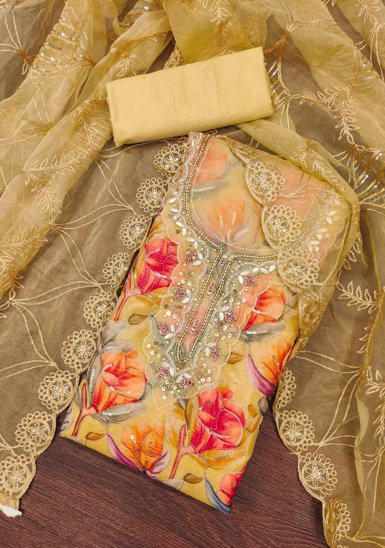 Multicolor Floral Print Organza Straight Kurta Set - Indya